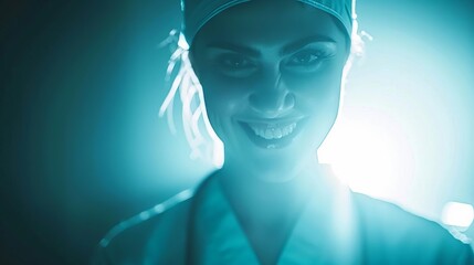 Fototapeta premium Creepy nurse with a sinister smile and shadowy lighting, dark atmosphere, close up, horror theme, surreal, overlay, dimly lit hospital backdrop