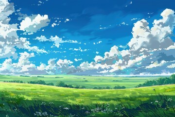 Obraz premium Vibrant green meadow under a blue sky with white fluffy clouds. Open field background with grassy hills. Digital art nature landscape.