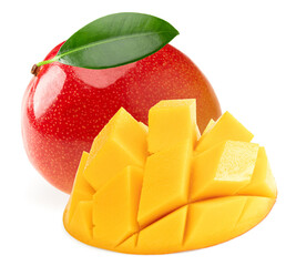 mango with slices and green leaves isolated on white background. clipping path