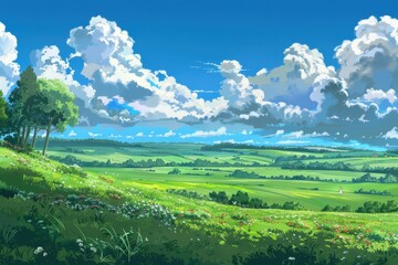 Fototapeta premium Stunning digital painting of a vast, green meadow with a blue sky and fluffy white clouds. Concept of nature, landscape, scenery, countryside, tranquility, and peace.