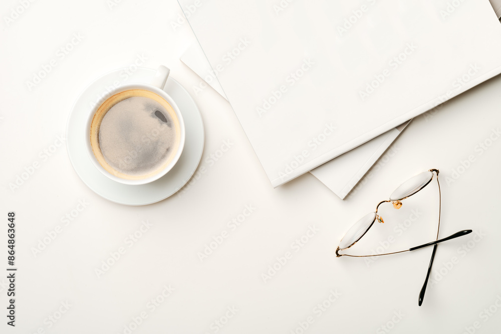 Canvas Prints Blank paper, coffee cup and glasses on white desk