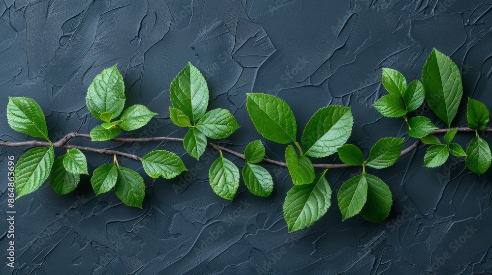 Poster a single green branch with leaves laid horizontally on a blue textured surface.