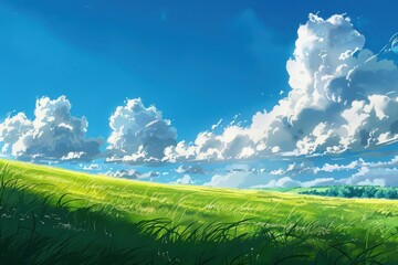 Obraz premium Beautiful green meadow with a blue sky and white clouds. Concept of nature, outdoor, peace, tranquility, summer, freedom, travel, hope, and fresh air.