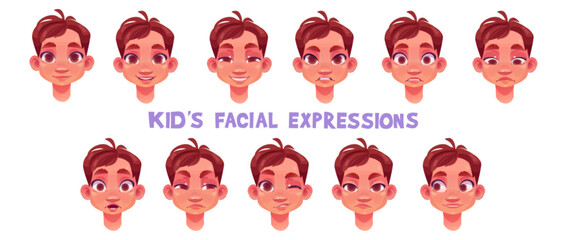 Boy facial expressions set isolated on white background. Vector cartoon illustration of child avatar with collection of different emotions, kid with happy smile, angry, sad, curious, surprised face
