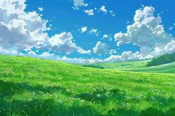 Beautiful green meadow with fluffy white clouds in a blue sky. Landscape art with lush grass, flowers, and distant hills. Nature scenery illustration.