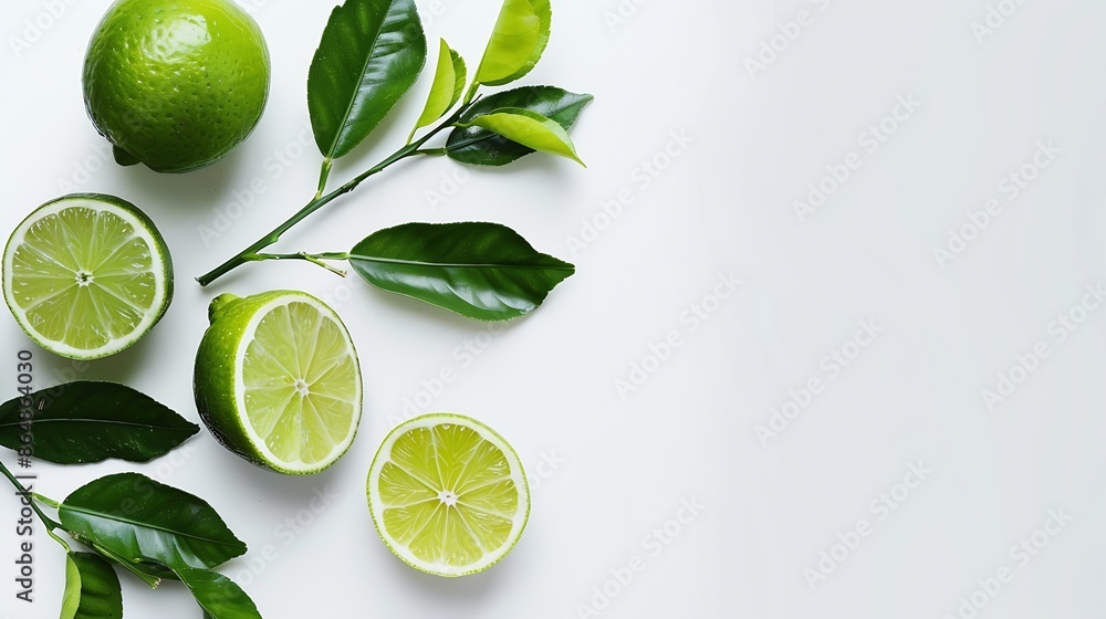 Poster fresh limes with green leaves on branch and cut in half sliced isolated on white background : genera
