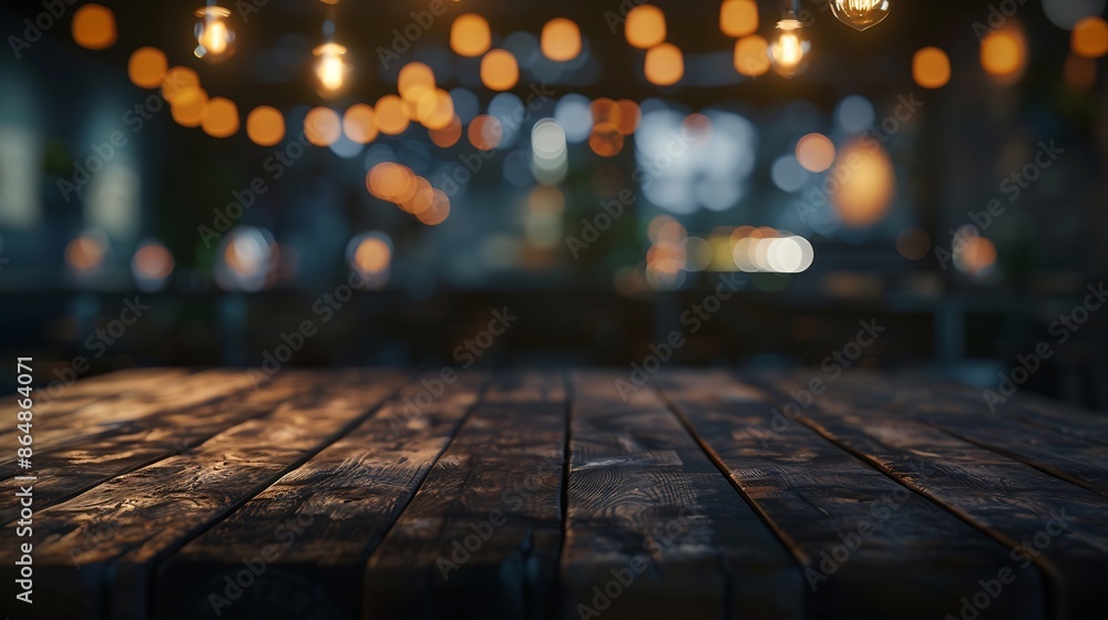 Poster Empty dark wooden table in front of restaurant abstract blurred bokeh background can be used to demonstrate or mount your products Layout for space : Generative AI
