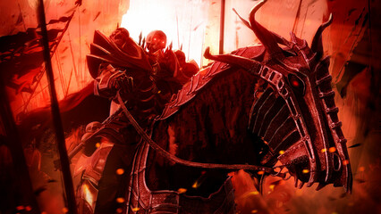 A sinister skeleton knight riding a demonic horse in plate armor. He is also a horseman, the lord of the undead army against the background of a bloody sunset and a destroyed kingdom. 2d fantasy art