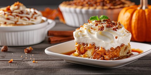 Delicious pumpkin desserts topped with whipped cream, highlighting a cozy autumn table setting with spices and pumpkins.