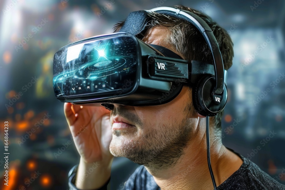 Poster man using vr headset with holographic display, exploring advanced virtual reality and immersive digi