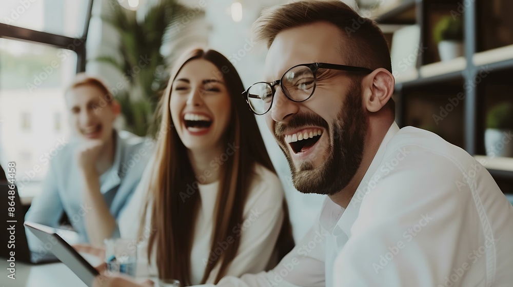 Aufkleber tablet people or designers laughing in portrait or meeting for solution teamwork or business startup