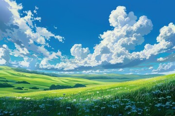 Obraz premium Vibrant green field with white flowers and a blue sky with fluffy white clouds. Beautiful spring meadow landscape.