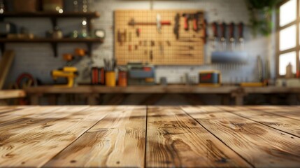 wide wooden table in the foreground, blurred background with carpentry tools on the wall, side lighting