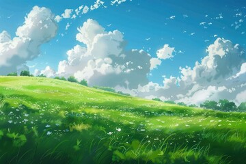 Obraz premium Beautiful summer day with a lush green meadow, blue sky and fluffy white clouds. Concept of nature, tranquility, peace, and serenity.