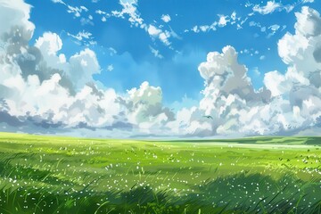 Fototapeta premium Digital painting of a beautiful green grassy field with white flowers and fluffy white clouds in a blue sky.
