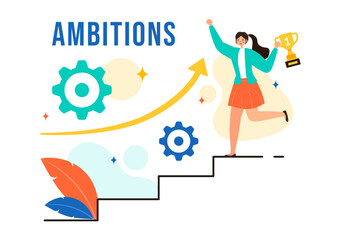 Ambition Illustration with Entrepreneur Climbing the Ladder to Success and Career Development on a Flat Cartoon Business Plan Background