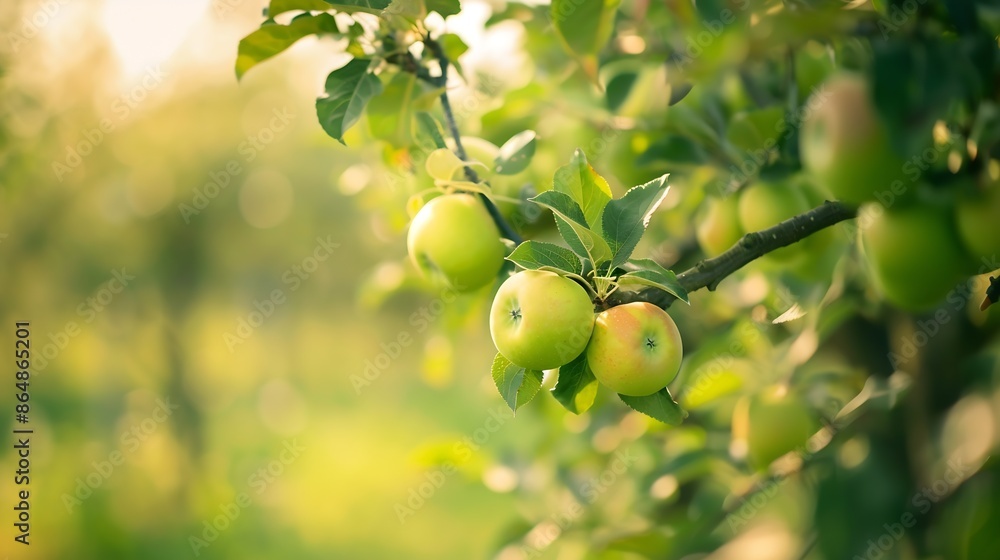Aufkleber apple orchard with an unripe harvest of green apples apple orchard with a harvest of apple fruits in
