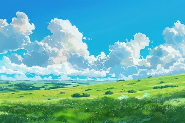 Obraz premium Stunning digital painting of a green grassy meadow with a beautiful blue sky and white fluffy clouds. Concept of nature, summer, peace, and tranquility.