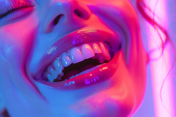 woman laughing , in the style of photo-realistic compositions, neon pop, close up, warmcore, emotive faces, photo-realistic hyperbole, in the style of magenta, contemporary candy-coated, high gloss, v