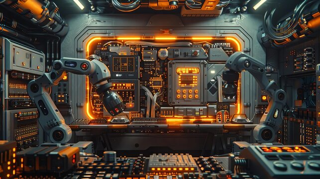 A hightech industrial background with robotic arms, glowing panels, and a central processing unit in the lower left quadrant