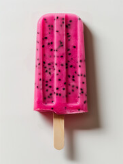 Exotic dragon fruit ice pop, a closeup image of an exotic dragon fruit ice pop, its vivid pink and black seeds standing out against a white background