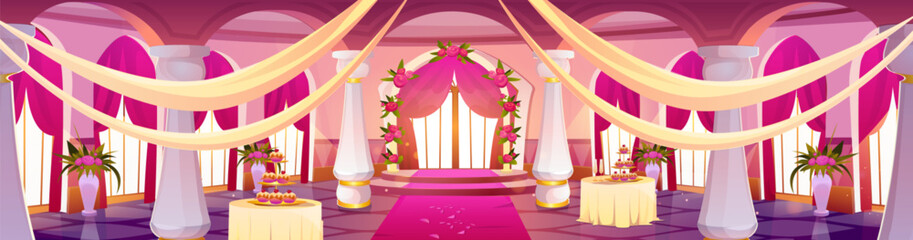 Wedding setup in luxury pink medieval castle baroque ballroom interior. Cartoon vector floral arch and fabric decoration, cakes on tables for marriage ceremony and party in royal palace hall room.