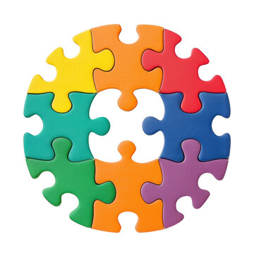 A colorful puzzle circle with six pieces representing teamwork and unity.. PNG, transparent, white background