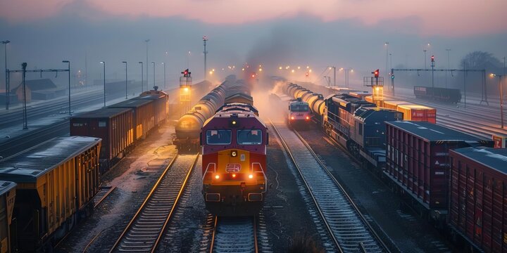 A bustling train yard with locomotives shunting freight cars, highlighting the efficiency and organization of rail transportation
