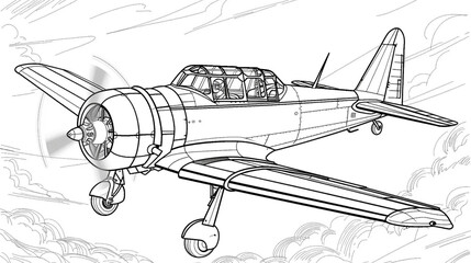 Cartoon airplane in sky, outlined for coloring.