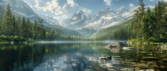 Naklejka premium A serene mountain lake scene with clear water, surrounded by tall pine trees and snow-capped peaks under a bright blue sky with fluffy clouds.