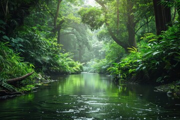 Obraz premium Sunlight filters through dense, lush rainforest foliage, illuminating a tranquil river gently flowing through the vibrant greenery.