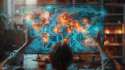 Fototapeta premium A person interacting with a holographic world map, modern tech office, rule of thirds