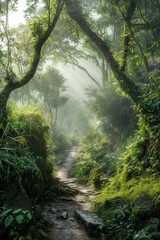 Obraz premium A serene forest path is surrounded by lush greenery, with sunlight filtering through the trees and mist creating a tranquil atmosphere.
