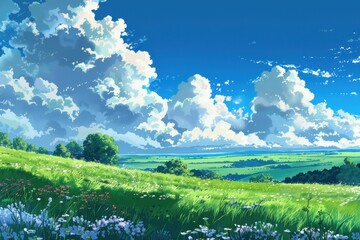 Fototapeta premium Beautiful green meadow with blue sky and white clouds. Peaceful nature scene perfect for backgrounds, wallpapers, and designs.