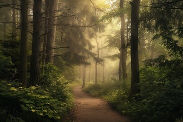 Fototapeta premium A serene forest path bathed in soft, golden sunlight filtering through the dense, tall trees, with lush green foliage flanking the meandering trail.