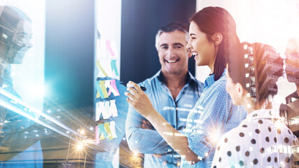 Creative business woman, coaching and double exposure with smile in meeting, teamwork or workshop...