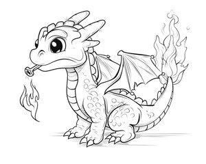 Cartoon baby dragon blowing fire, outlined for coloring, on a white background.