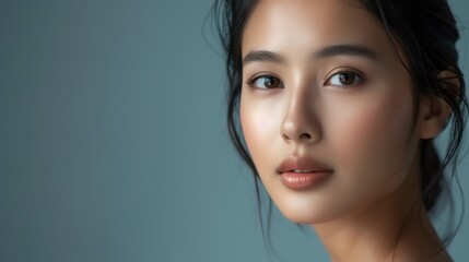 Fototapeta premium A serene portrait of a young woman with smooth skin and natural makeup, posed against a muted grey-blue background.