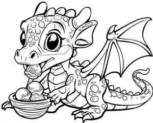 Obraz premium Cartoon baby dragon eating ice cream, outlined for coloring, on a white background.