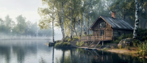 Obraz premium A serene cabin sits by a placid lakeside, surrounded by tall birch trees in a misty forest, exuding tranquility and natural beauty.
