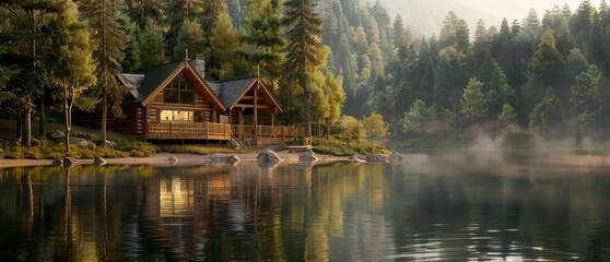Fototapeta premium A cozy log cabin sits by a serene lake surrounded by a dense forest. The peaceful scene is highlighted by morning mist over the water and sunlight filtering through the trees.
