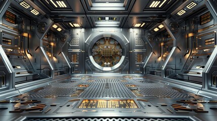 A sophisticated tech background with metallic grey surfaces, intricate geometric patterns, and a central golden control panel in the bottom third