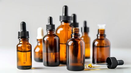 Amber glass bottles for cosmetics natural medicine or essential oils isolated on a white background : Generative AI