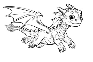 Cartoon baby dragon flying, outlined for coloring, on a white background.