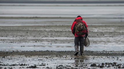 As the tide recedes a man wanders the exposed tidal flats gathering oysters and barnacles for a seafood dinner.