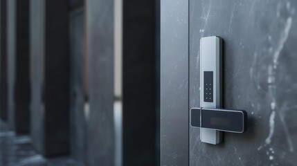 A modern keyless smart door lock is installed on a sleek, dark door, featuring a touchpad and possible fingerprint scanner.