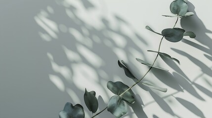 Green eucalyptus branch with shadows on empty light grey background Backdrop for natural product presentation Eco beauty cosmetic advertising display mockup Minimal still life scene Fr : Generative AI
