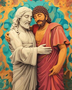 Artistic depiction of two spiritual figures embracing, set against a vibrant, floral-patterned background, symbolizing unity and peace.