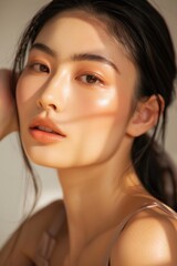 Naklejka premium A close-up portrait of a woman with natural makeup, glossy skin, and soft lighting highlighting her facial features.