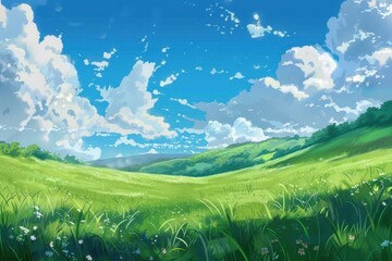 Beautiful landscape with rolling green hills and a blue sky with fluffy clouds. Perfect for backgrounds, desktop wallpaper, or digital art projects.